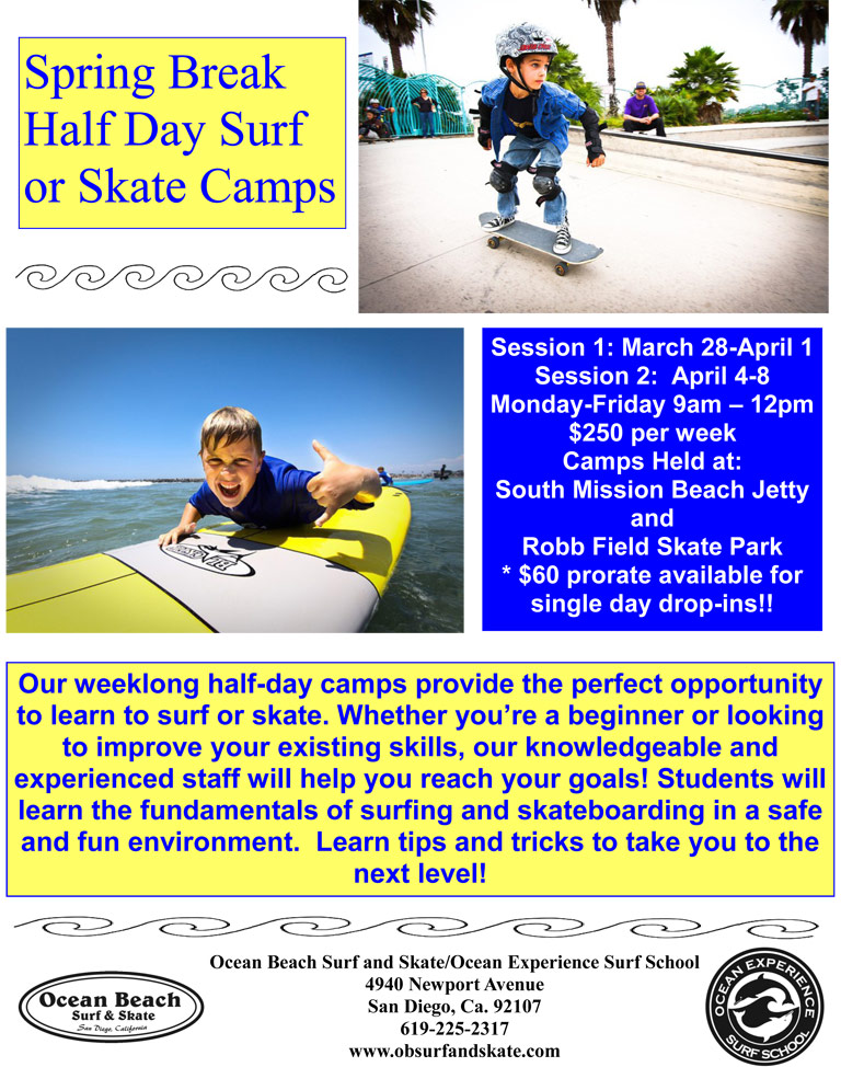 Spring Break Half Day Surf or Skate Camps