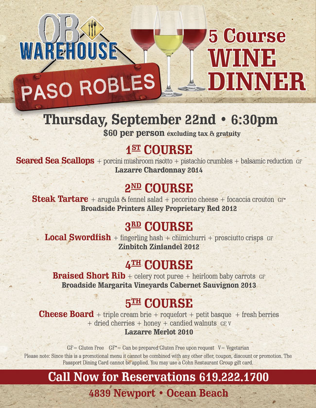 Paso Robles Wine Dinner at OB Warehouse