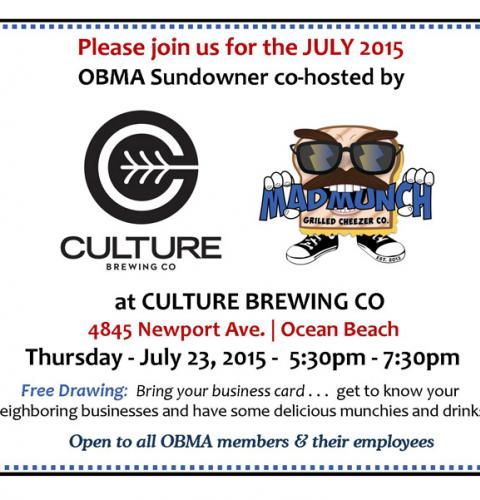 Please join us for the July 2015 OBMA Sundowner co-hosted by Culture Brewing Co and Mad Munch Grilled Cheezer Co, Thursday, July 23, 2015, 5:30pm to 7:30pm. Open to all OBMA members & their employees