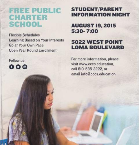 Student/Parent Information Night at Community Collaborative Charter School, August 19, 2015, 5:30pm-7pm, 5022 West Point Loma Blvd