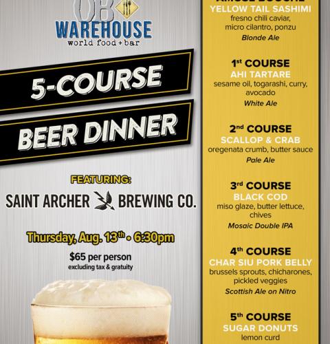 OB Warehouse 5-Course Beer Dinner featuring Saint Archer Brewing Co