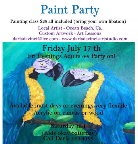 Paint Party at Darla Davinci's Art Studio, Saturday, July 18, 2015, 10am to 1pm, 619-224-4199