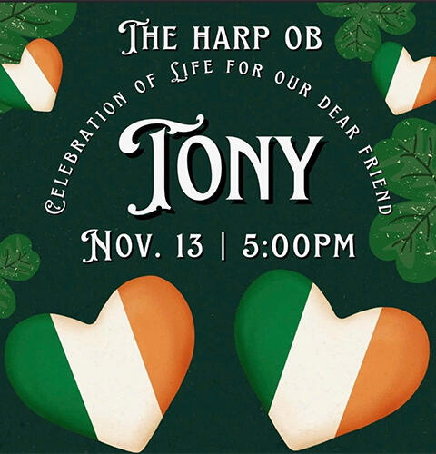 Ocean Beach News Article: Celebration of Life at The Harp for Tony