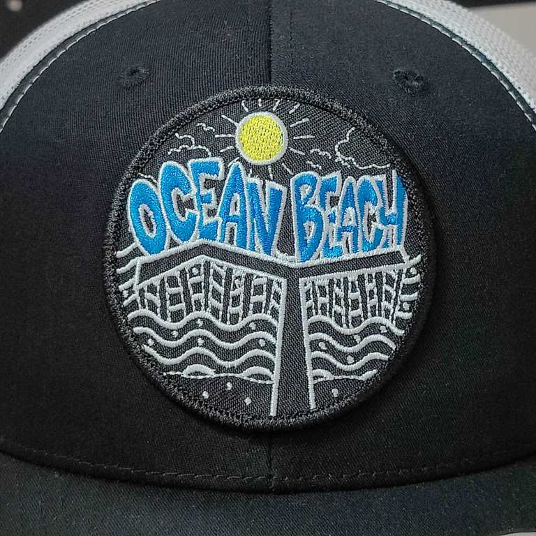 Ocean Beach Product: OB Pier Patch Snapback Hat (White Mesh)